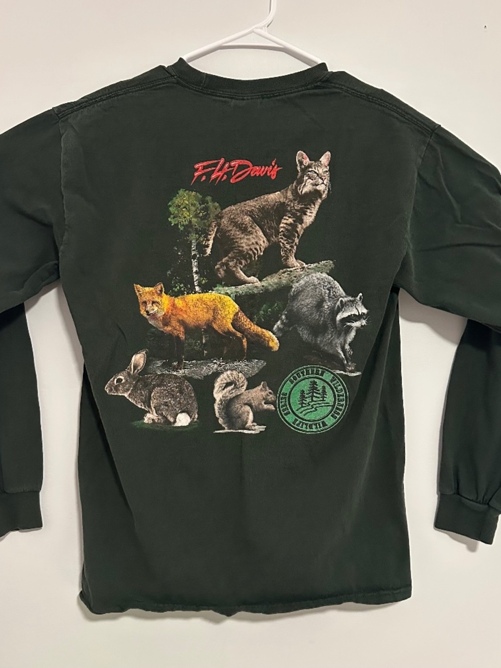 F. H. Davis Animal Graphic Print T-Shirt Medium Green Y2K Long Sleeve